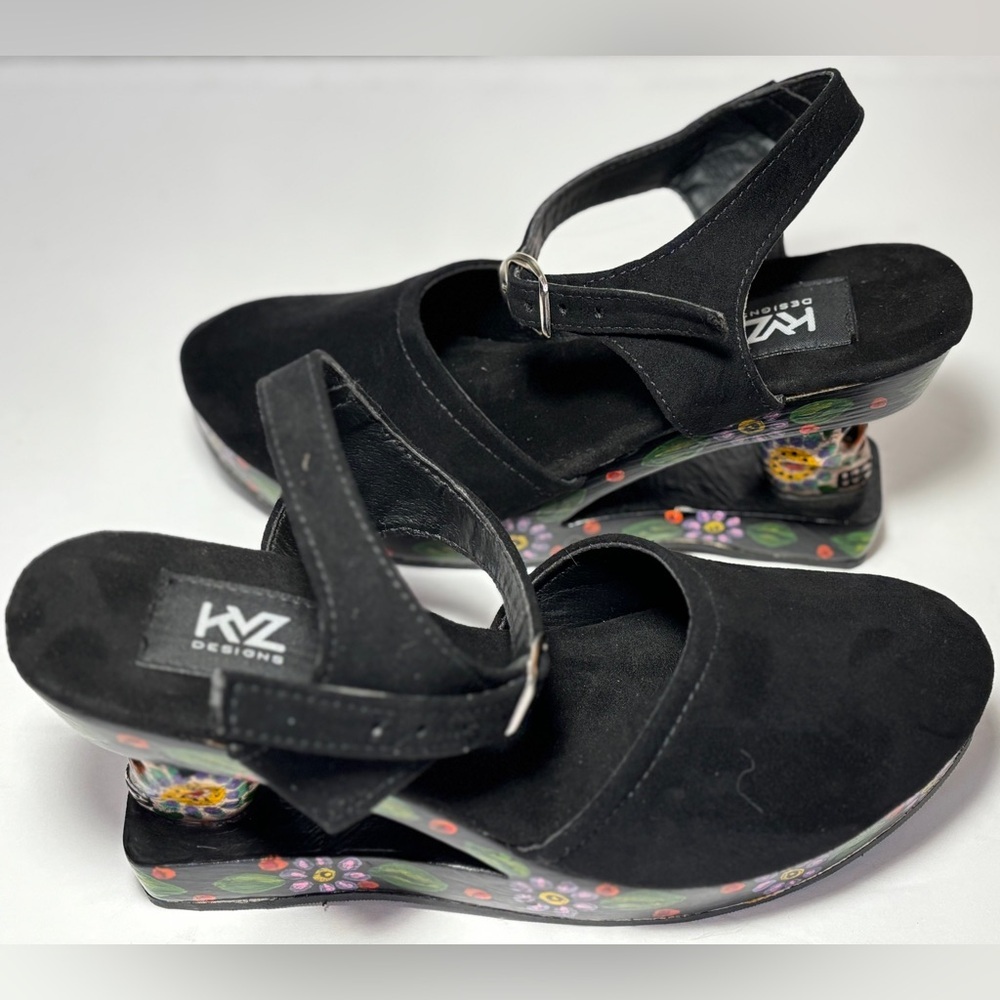 ONE OF A KIND Sugar Skull Mary Jane Handmade Wedge Platform Heel Punk Goth SZ7 - Picture 7 of 11